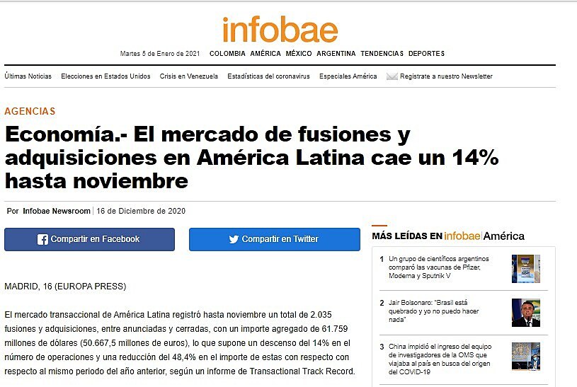 El mercado de fusiones y adquisiciones en Amrica Latina cae un 14% hasta noviembre